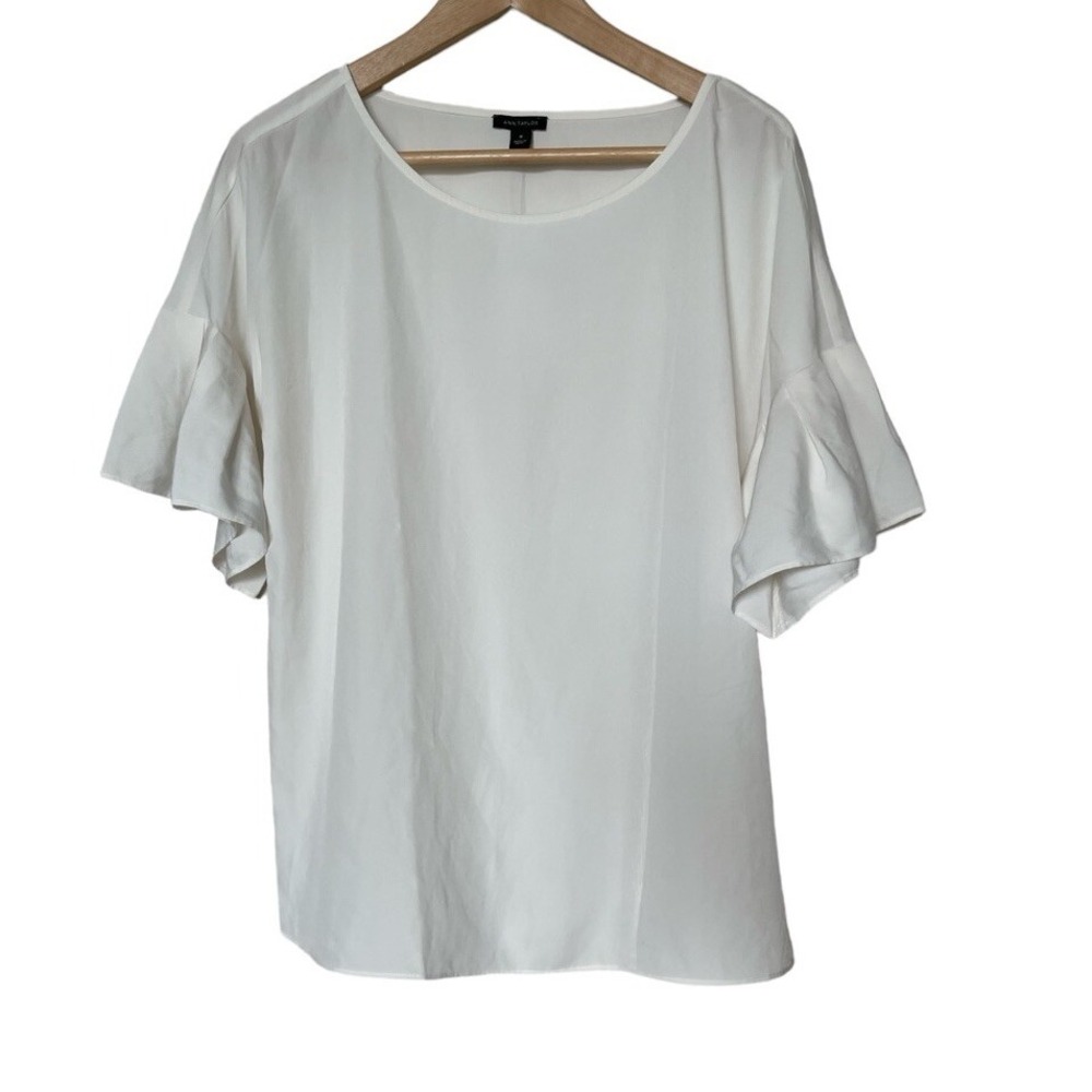 Ann Taylor Blouse Womens M Flutter Short Sleeve Ivory Solid 471249 EUC
